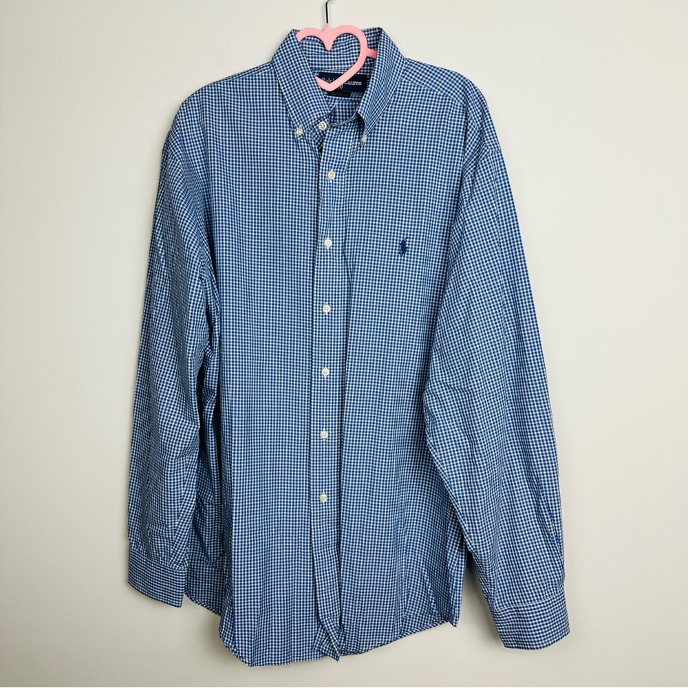 Ralph Lauren Navy Checkered Long Sleeve Button-Down Shirt Size 16